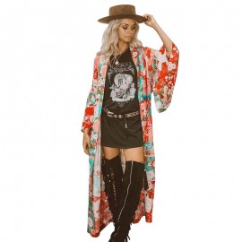 New Women Chiffon Kimono Cardigan Floral Print Long Sleeve Loose Outerwear Bikini Cover Up Orange