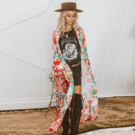 New Women Chiffon Kimono Cardigan Floral Print Long Sleeve Loose Outerwear Bikini Cover Up Orange