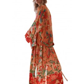 New Women Chiffon Kimono Cardigan Floral Print Long Sleeve Loose Outerwear Bikini Cover Up Orange