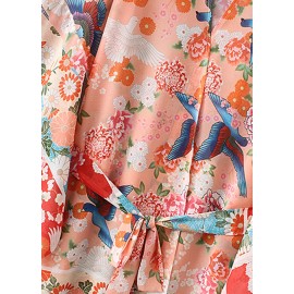 New Women Chiffon Kimono Cardigan Floral Print Long Sleeve Loose Outerwear Bikini Cover Up Orange