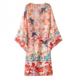 New Women Chiffon Kimono Cardigan Floral Print Long Sleeve Loose Outerwear Bikini Cover Up Orange