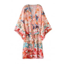 New Women Chiffon Kimono Cardigan Floral Print Long Sleeve Loose Outerwear Bikini Cover Up Orange