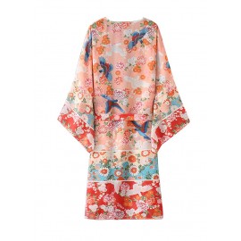 New Women Chiffon Kimono Cardigan Floral Print Long Sleeve Loose Outerwear Bikini Cover Up Orange