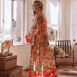 New Women Chiffon Kimono Cardigan Floral Print Long Sleeve Loose Outerwear Bikini Cover Up Orange