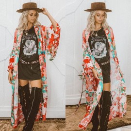 New Women Chiffon Kimono Cardigan Floral Print Long Sleeve Loose Outerwear Bikini Cover Up Orange