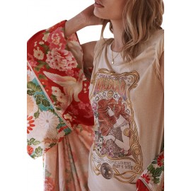 New Women Chiffon Kimono Cardigan Floral Print Long Sleeve Loose Outerwear Bikini Cover Up Orange