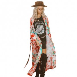 New Women Chiffon Kimono Cardigan Floral Print Long Sleeve Loose Outerwear Bikini Cover Up Orange