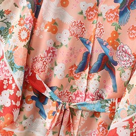 New Women Chiffon Kimono Cardigan Floral Print Long Sleeve Loose Outerwear Bikini Cover Up Orange