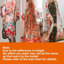 New Women Chiffon Kimono Cardigan Floral Print Long Sleeve Loose Outerwear Bikini Cover Up Orange