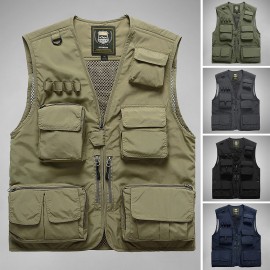 Men Vest Mesh Jackets with Pockets V-Neck Sleeveless Outdoor Work Fishing Photo Camping