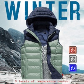 Fashion Men Winter Electric Heating Vest USB Charging Splicing Hooded Zipper Pocket Thermal Warm Casual Waistcoat Outerwear