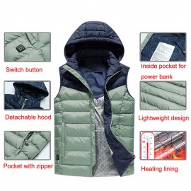 Fashion Men Winter Electric Heating Vest USB Charging Splicing Hooded Zipper Pocket Thermal Warm Casual Waistcoat Outerwear