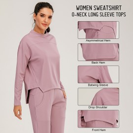 Women Sweatshirt O-Neck Long Sleeves Asymmetrical Hem Quick-Dry Running Fitness Gym Sportswear Solid Loose Lounging Tops