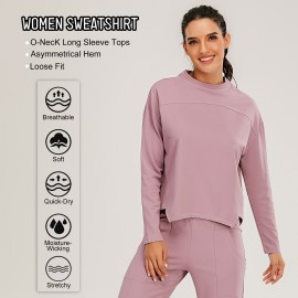 Women Sweatshirt O-Neck Long Sleeves Asymmetrical Hem Quick-Dry Running Fitness Gym Sportswear Solid Loose Lounging Tops