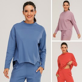 Women Sweatshirt O-Neck Long Sleeves Asymmetrical Hem Quick-Dry Running Fitness Gym Sportswear Solid Loose Lounging Tops