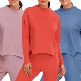 Women Sweatshirt O-Neck Long Sleeves Asymmetrical Hem Quick-Dry Running Fitness Gym Sportswear Solid Loose Lounging Tops