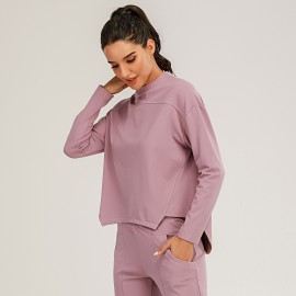 Women Sweatshirt O-Neck Long Sleeves Asymmetrical Hem Quick-Dry Running Fitness Gym Sportswear Solid Loose Lounging Tops