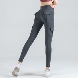 Women Leggings Cargo Pants High Waist Multi-Pocket Yoga Fitness Gym Athletic Sportswear Solid Bodycon Pants