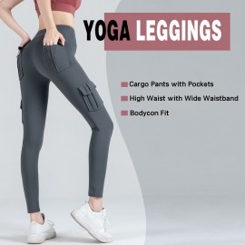 Women Leggings Cargo Pants High Waist Multi-Pocket Yoga Fitness Gym Athletic Sportswear Solid Bodycon Pants