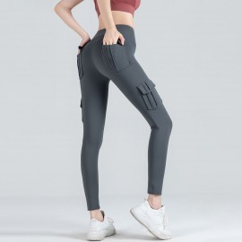 Women Leggings Cargo Pants High Waist Multi-Pocket Yoga Fitness Gym Athletic Sportswear Solid Bodycon Pants