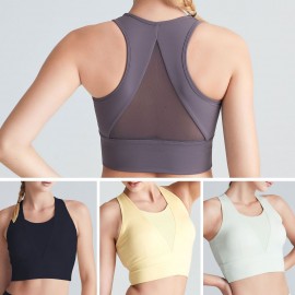 Women Sports Bra U-Neck Mesh Splicing Racer Back Crop Tops Breathable Quick-Dry Vest Yoga Fitness Underwear