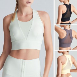 Women Sports Bra U-Neck Mesh Splicing Racer Back Crop Tops Breathable Quick-Dry Vest Yoga Fitness Underwear