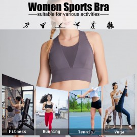 Women Sports Bra U-Neck Mesh Splicing Racer Back Crop Tops Breathable Quick-Dry Vest Yoga Fitness Underwear