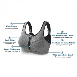 Women Sports Bra Zip Front Moisture-wicking Shockproof Adjustable Padded Crop-Top Tank-Top Underwear Yoga Workout Fitness Running