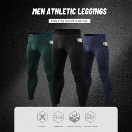 Men Sports Pants Elastic Waist Side Pockets Moisture-wicking Stretchy Tights Running Weightlifting Athletic Leggings