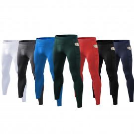 Men Sports Pants Elastic Waist Side Pockets Moisture-wicking Stretchy Tights Running Weightlifting Athletic Leggings