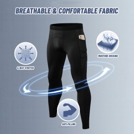 Men Sports Pants Elastic Waist Side Pockets Moisture-wicking Stretchy Tights Running Weightlifting Athletic Leggings