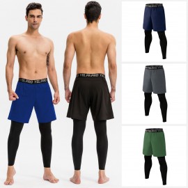 Men 2-in-1 Running Pants Elastic Waist Pockets Stretchy Moisture-wicking Leggings Athletic Workout Tights