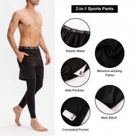 Men 2-in-1 Running Pants Elastic Waist Pockets Stretchy Moisture-wicking Leggings Athletic Workout Tights