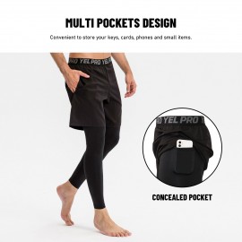 Men 2-in-1 Running Pants Elastic Waist Pockets Stretchy Moisture-wicking Leggings Athletic Workout Tights