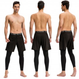 Men 2-in-1 Running Pants Elastic Waist Pockets Stretchy Moisture-wicking Leggings Athletic Workout Tights