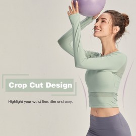 Women Yoga Workout Crop Shirts Mesh Splicing Long Sleeves Running Shirt Athletic Tops