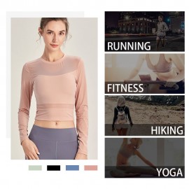 Women Yoga Workout Crop Shirts Mesh Splicing Long Sleeves Running Shirt Athletic Tops