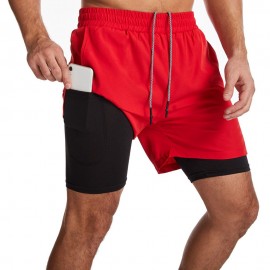 Men 2 in 1 Sport Shorts with Towel Loop Zip Pocket Quick Dry Elastic Waist Short Pants for Gym Basketball Running