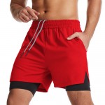 Men 2 in 1 Sport Shorts with Towel Loop Zip Pocket Quick Dry Elastic Waist Short Pants for Gym Basketball Running