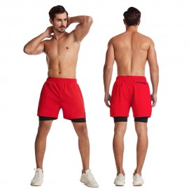 Men 2 in 1 Sport Shorts with Towel Loop Zip Pocket Quick Dry Elastic Waist Short Pants for Gym Basketball Running