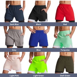 Men 2 in 1 Sport Shorts with Towel Loop Zip Pocket Quick Dry Elastic Waist Short Pants for Gym Basketball Running