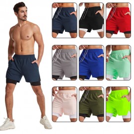 Men 2 in 1 Sport Shorts with Towel Loop Zip Pocket Quick Dry Elastic Waist Short Pants for Gym Basketball Running