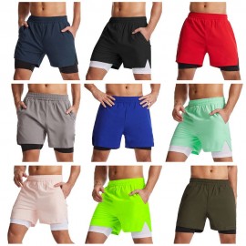 Men 2 in 1 Sport Shorts with Towel Loop Zip Pocket Quick Dry Elastic Waist Short Pants for Gym Basketball Running